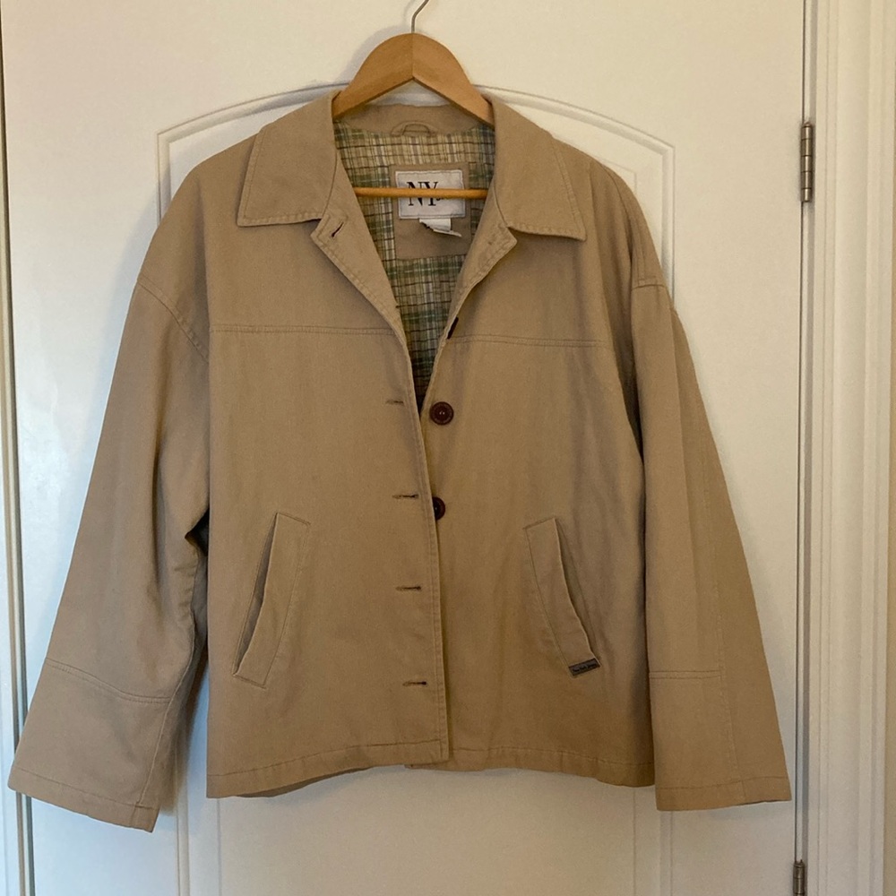 NY Jeans Women's Tan Button-Up Boxy Jacket Cream Cotton Size L EUC
